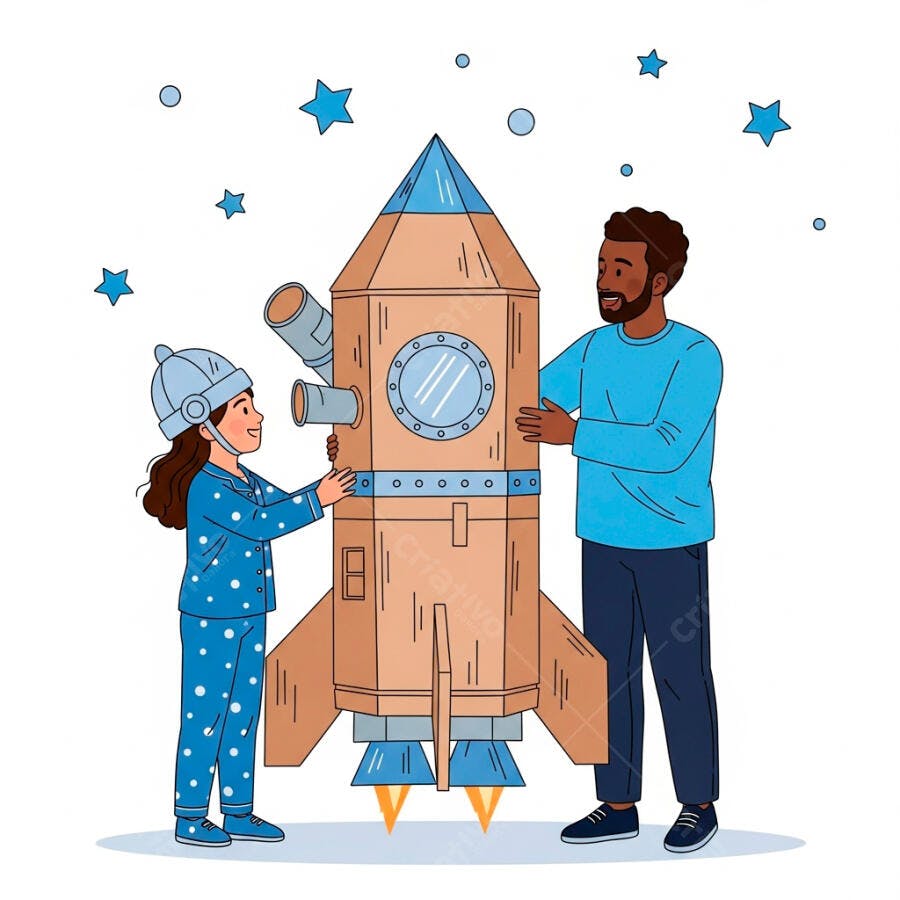 Menina e pai construindo foguete de papelão