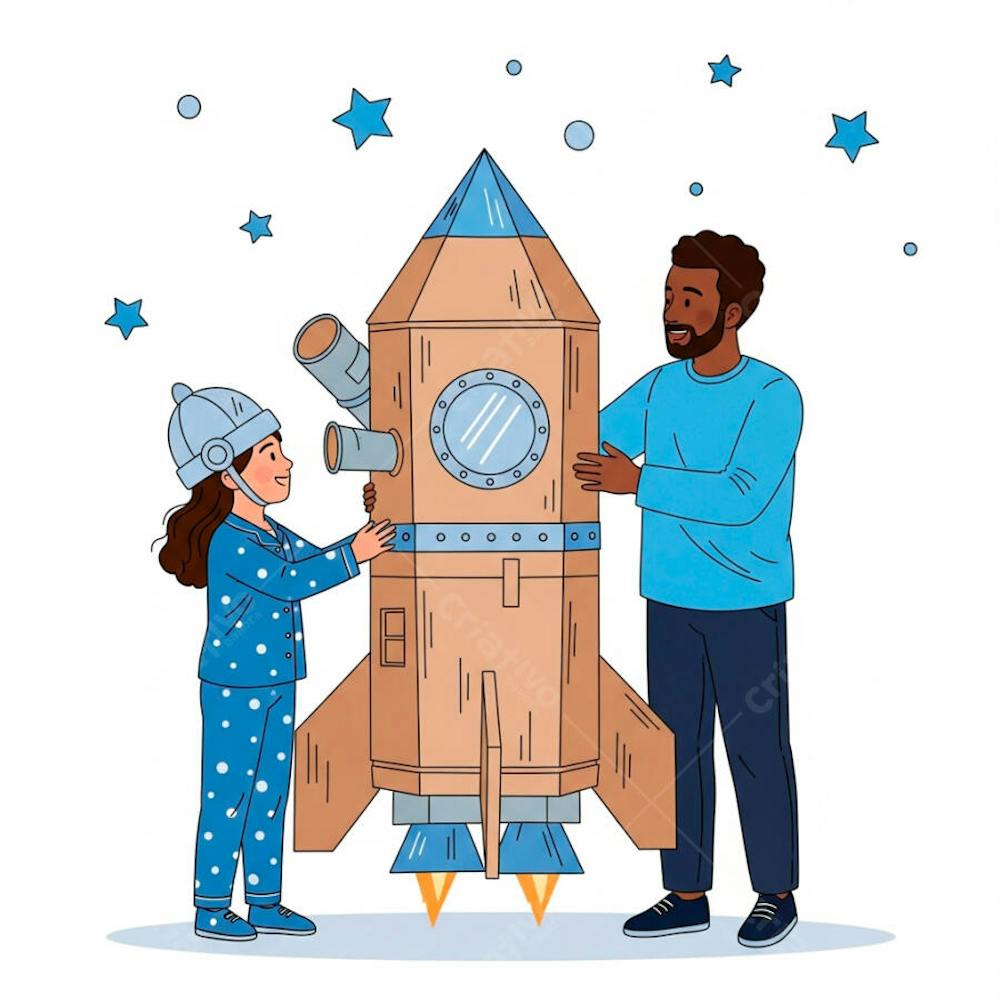 Pai e filha brincando com foguete para composição