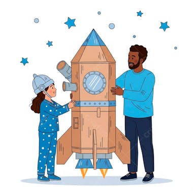 Pai e filha brincando com foguete para composição