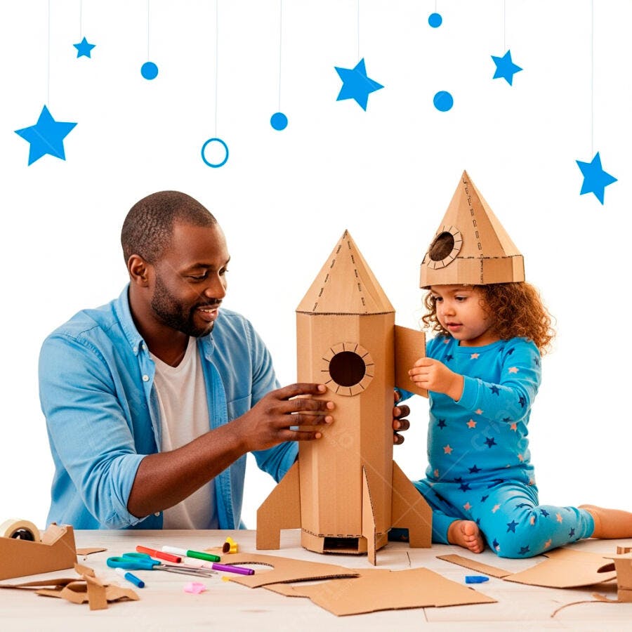 Pai e filha constroem foguete de papelão