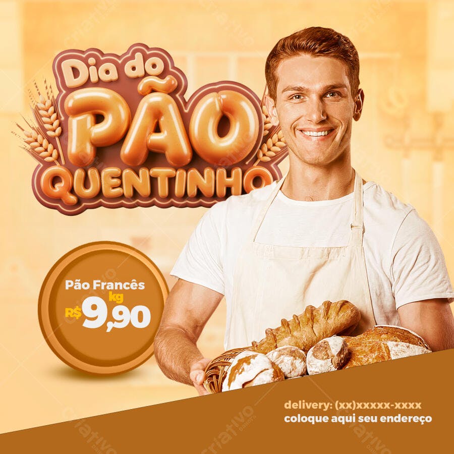 Flyer Dia do Pão Quentinho PSD Editável