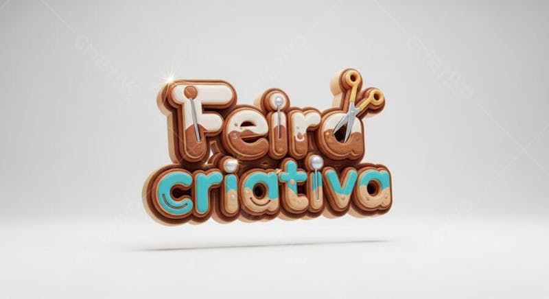 3D image of letters forming "Creative Fair" in shades of brown and light blue. The letters have a cookie texture and details like pins and scissors. Neutral white background.