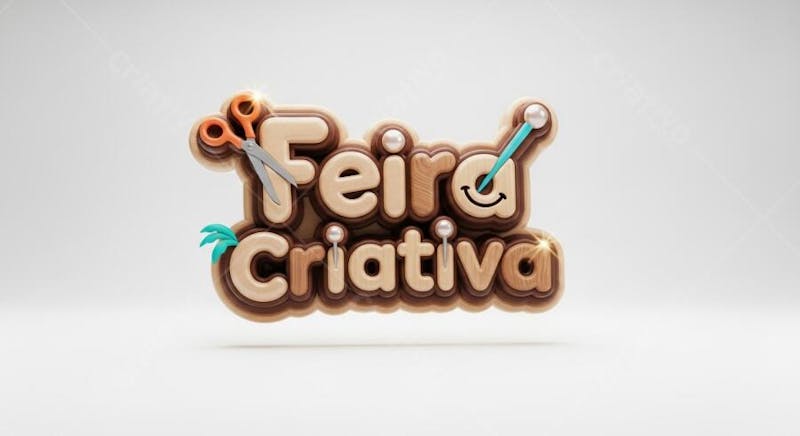 3D render of a Creative Fair logo. Brown and beige wooden texture letters with details like scissors, pins and pearls. Clean background and handcrafted style.