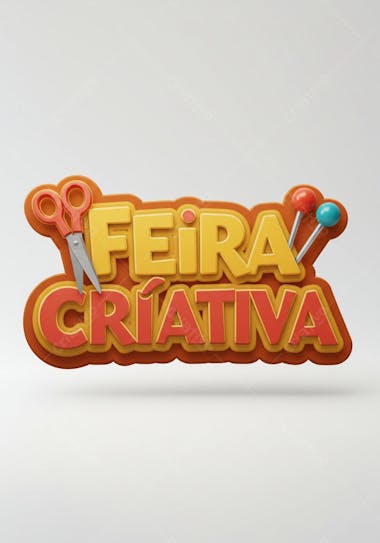 3D image of voluminous letters forming the phrase Creative Fair in shades of orange and light yellow. Scissors and pins as icons complement the design. Neutral white background.
