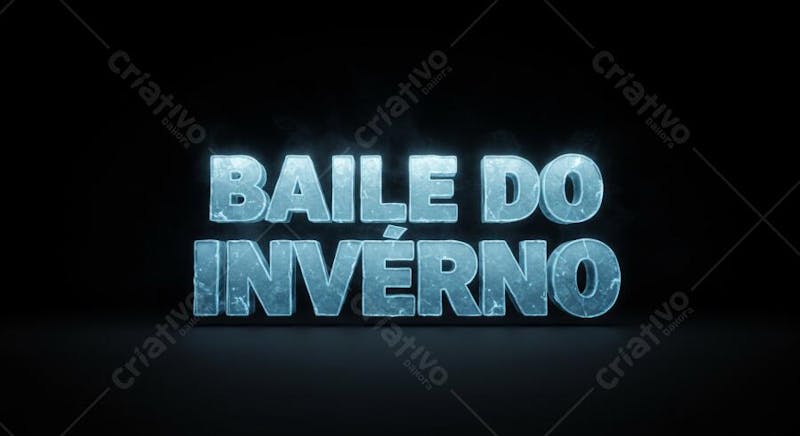 Digital art featuring the text Winter Ball in 3D letters with a light blue ice texture. Black background, cold and mysterious atmosphere. Soft lighting.