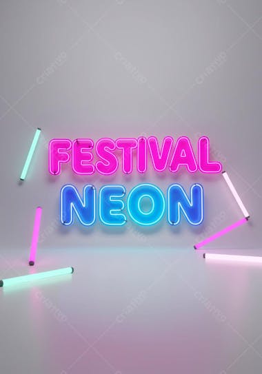 3D image of neon letters spelling "Neon Festival" in pink and light blue. Pink, blue and white fluorescent tubes are scattered on the floor. Minimalist and bright environment.