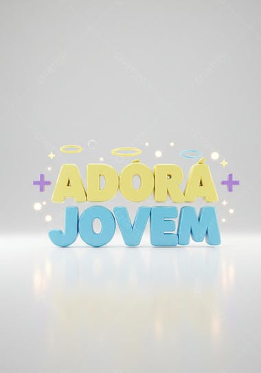 3D image with the words Adorá Jovem in voluminous letters, yellow and light blue. White background and glow effects. Clean and cheerful style.