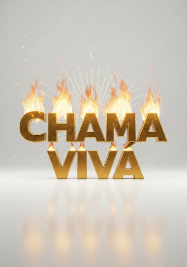 3D render of gold letters spelling out "Chama Viva" engulfed in realistic flames.  The scene is set against a clean white background with subtle reflections, creating a warm and vibrant atmosphere.