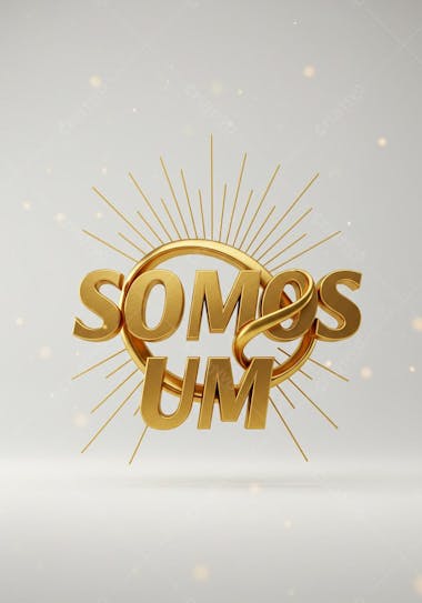 3D image with the words We Are One in shiny gold on a white background. The typography is modern and elegant, with a golden halo and sun rays around it. The atmosphere is of unity and positivity.