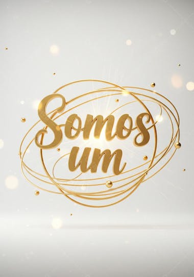 3D image with a white background showing the phrase We Are One in stylized gold lettering, surrounded by gold rings and small gold spheres. The lighting creates a bright and sophisticated effect.