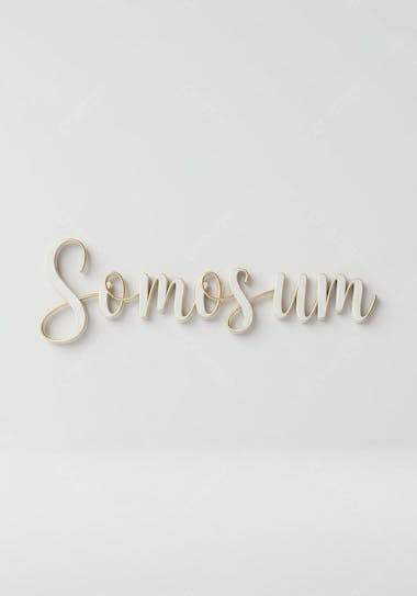 Image of 3D letters spelling out We Are One in white with a gold outline. Minimalist white background. Elegant and clean style.