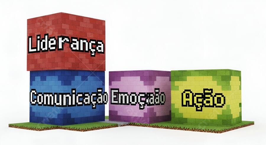 Blocos coloridos com palavras Liderança Comunicação Emoção Ação