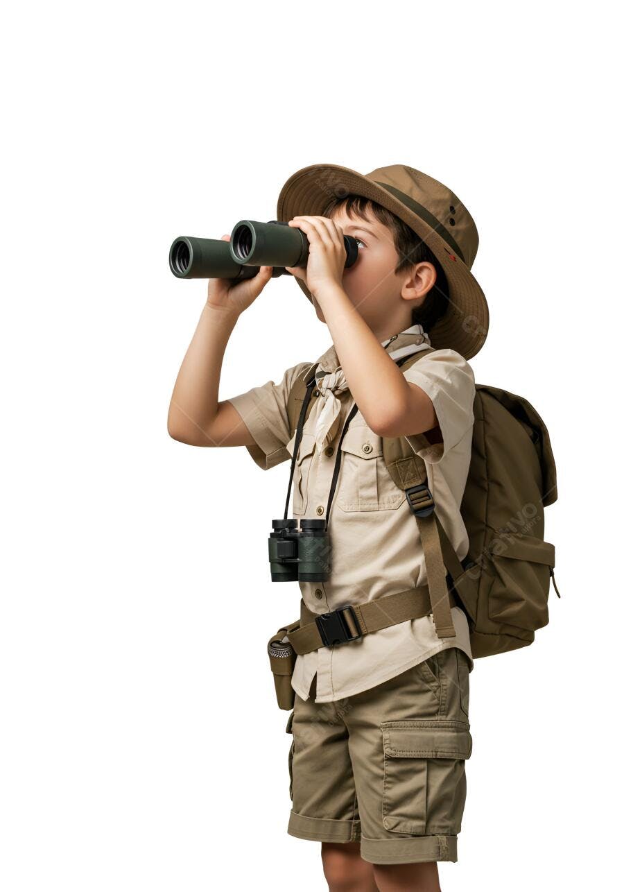 Menino explorador usando binóculos