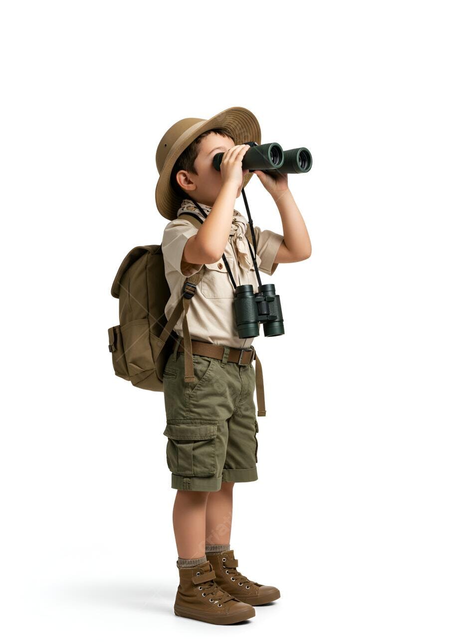 Menino explorador usando binóculos