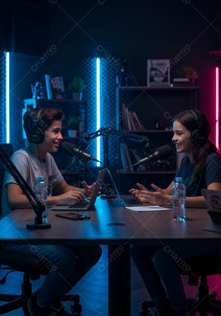 Podcasters adolescentes em estúdio com iluminação neon
