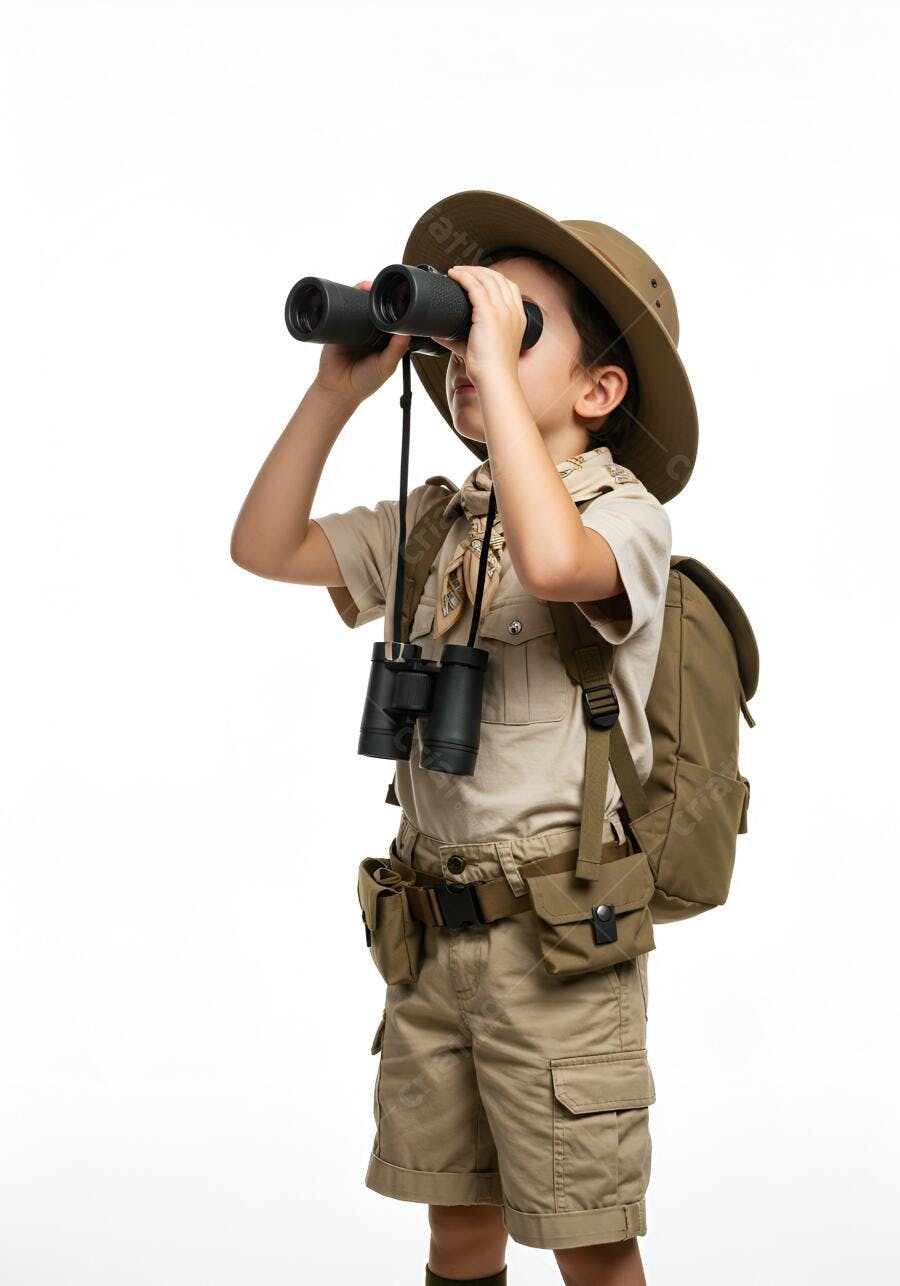 Menino explorador usando binóculos