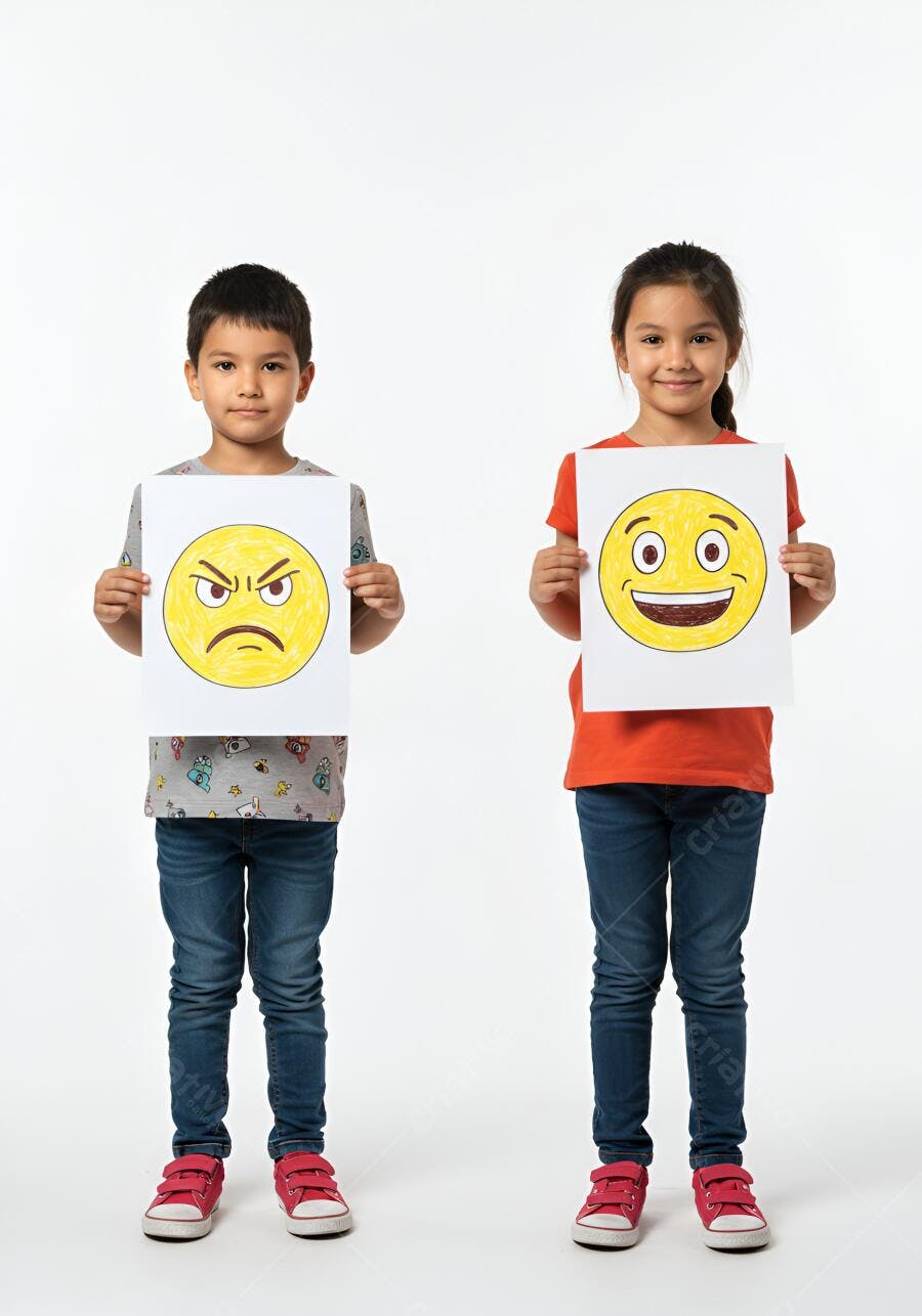 Crianças segurando cartazes com emoticons
