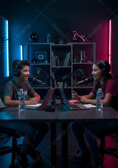 Two young hosts, a boy and a girl, sit in a podcast studio illuminated by blue and pink lights. The scene is modern and techy with microphones, laptops, and water bottles. The kids look engaged and excited.