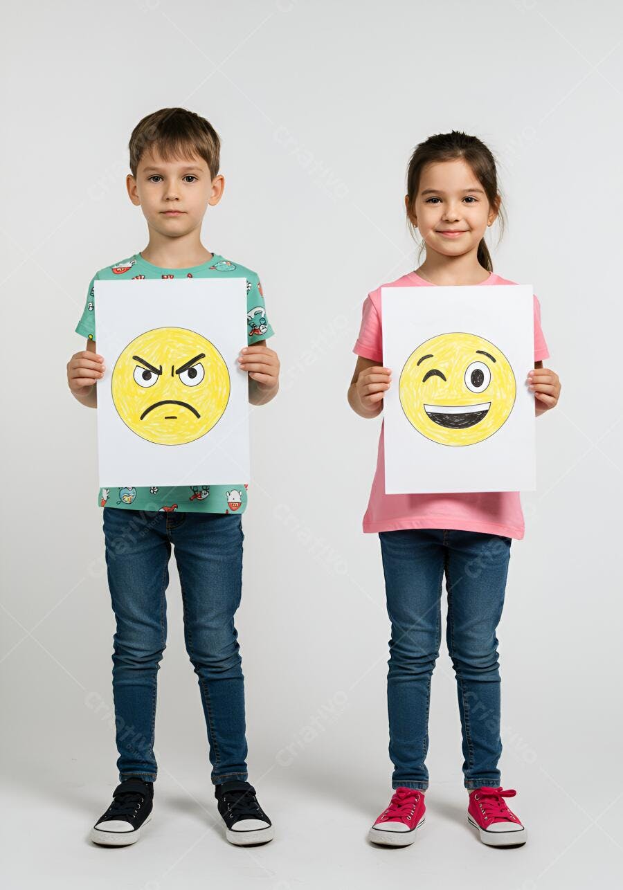 Crianças segurando cartazes com emoticons