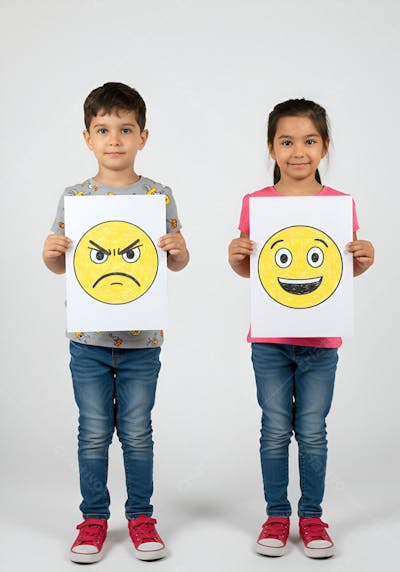 Crianças segurando cartazes com emojis de emoções