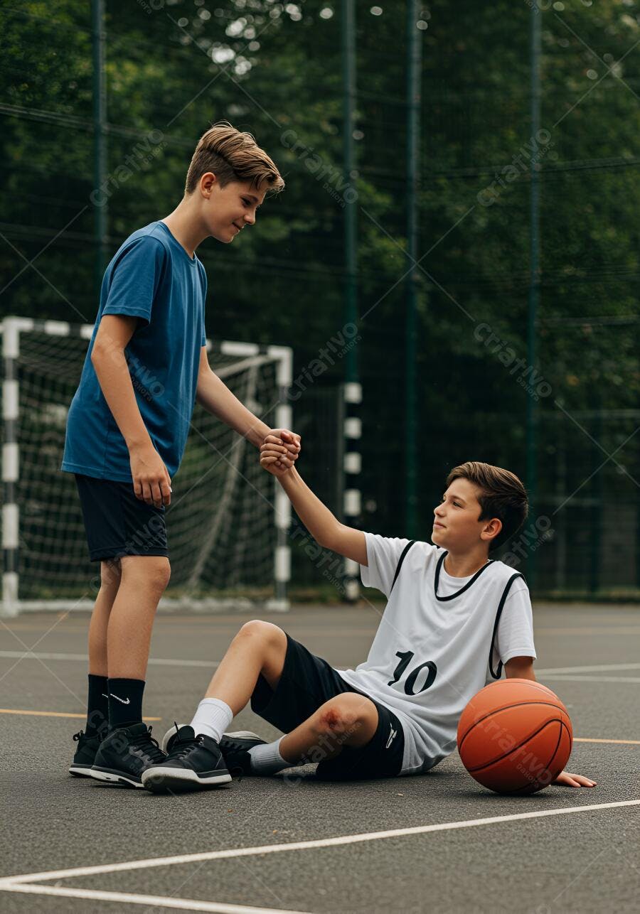 Menino ajudando amigo ferido na quadra de basquete