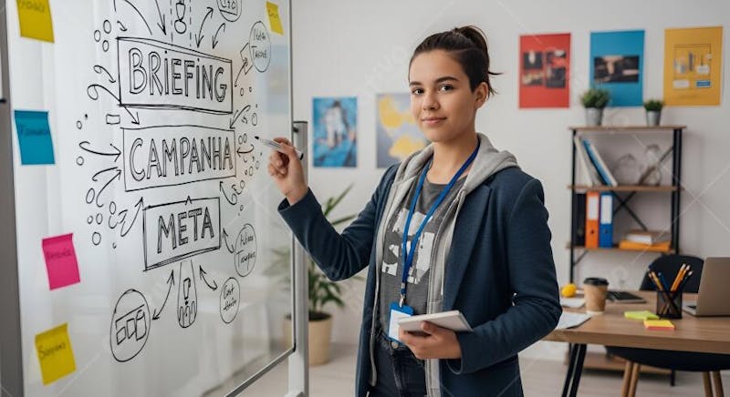 Image of a young woman writing on a whiteboard with a marketing campaign plan. Neutral colors, modern office environment. The atmosphere is focused, productive, and professional.
