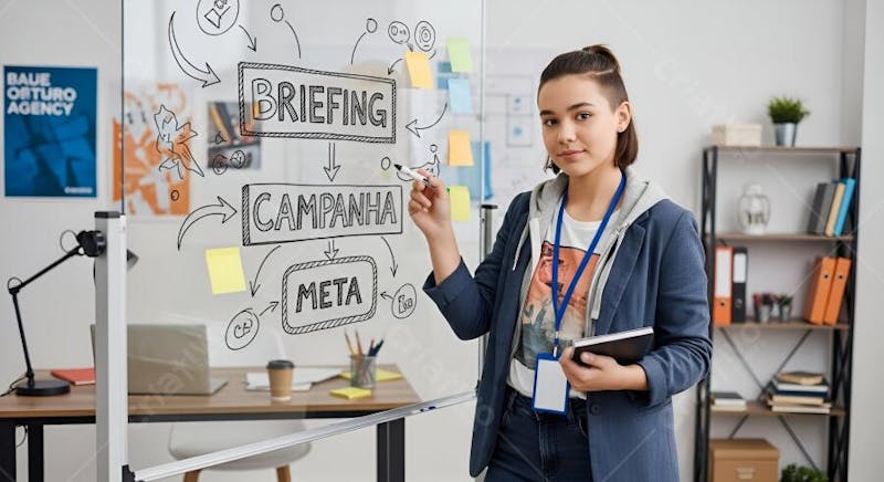 Image of a young Asian woman writing on a transparent glass board a marketing campaign plan. Light and neutral colors are predominant. The atmosphere is professional and focused.