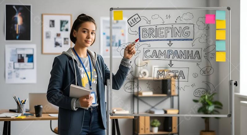 Image shows a young brunette woman in a navy blazer over a gray hoodie, holding a notebook and writing on a glass board with a campaign briefing and goal flowchart. Neutral colors prevail. Modern office environment.