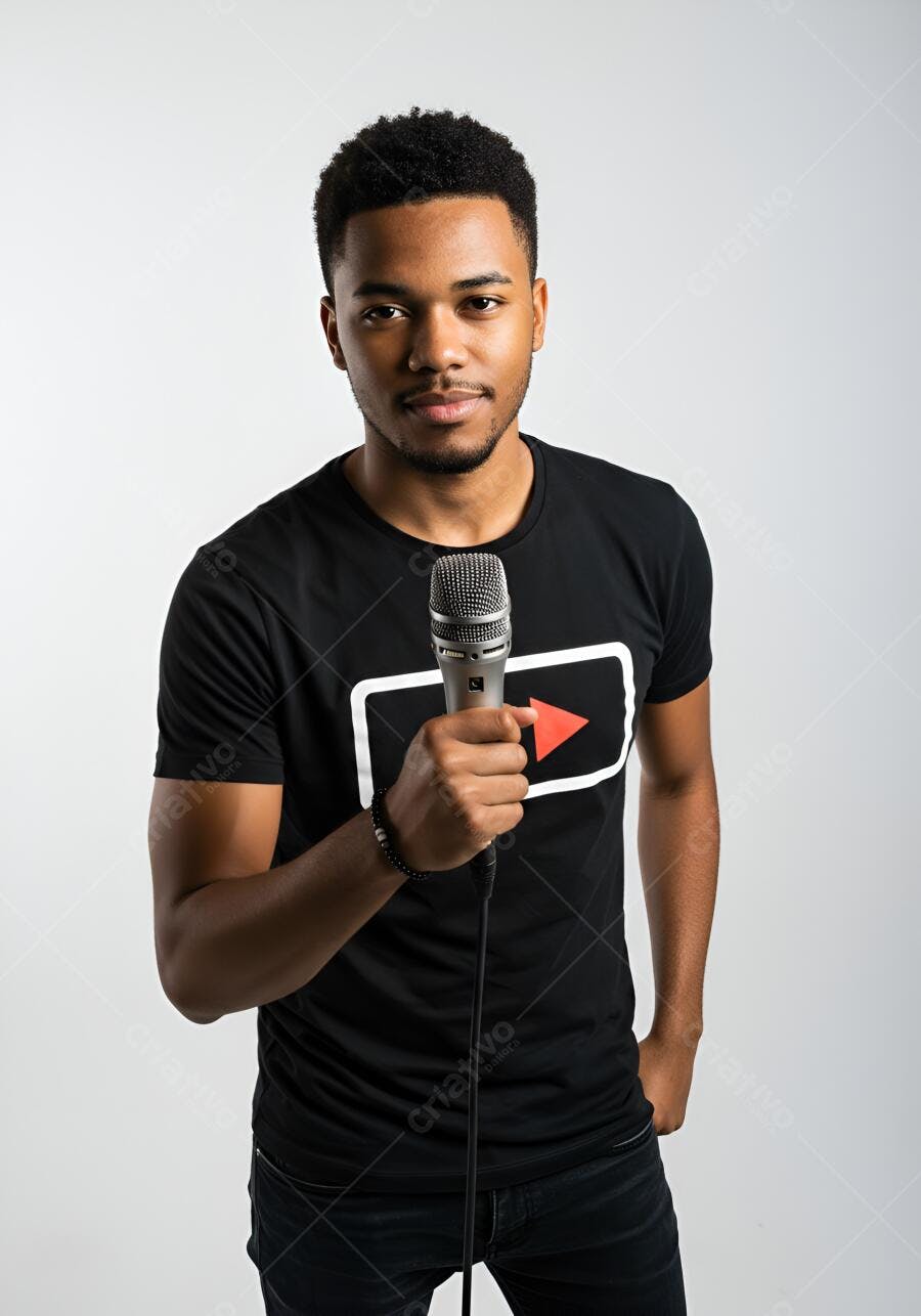 Homem negro com microfone estúdio fundo branco