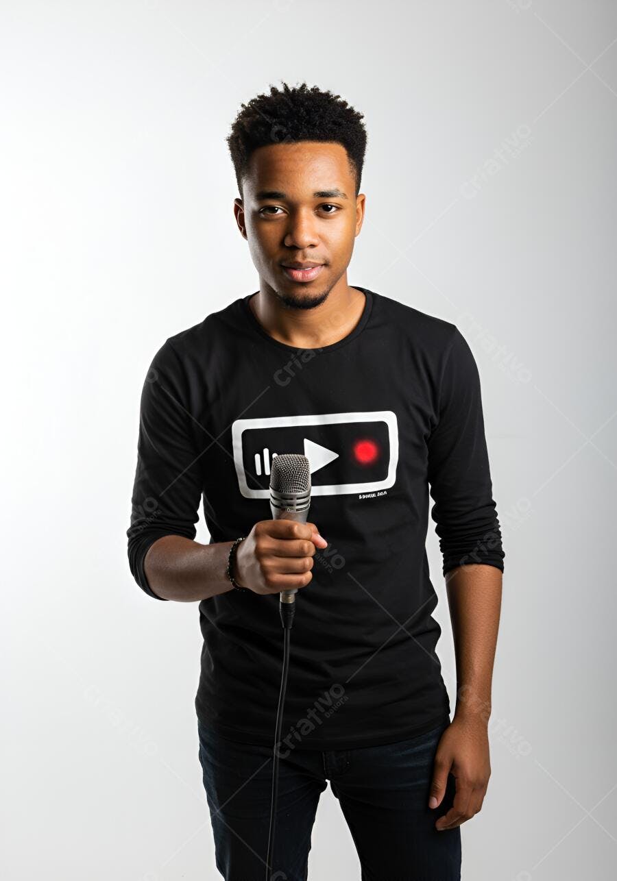Homem negro segurando microfone estúdio