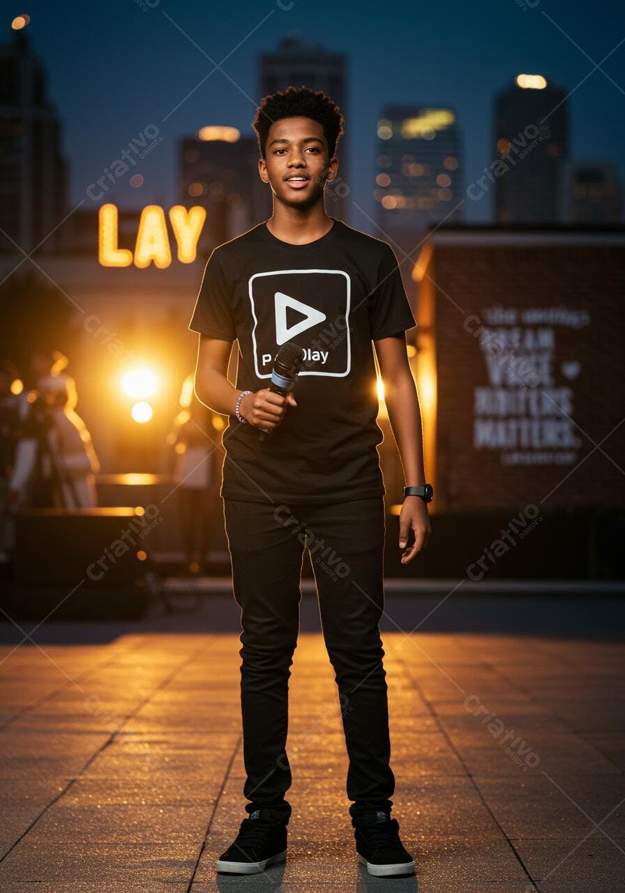 Jovem apresentador falando com microfone à noite