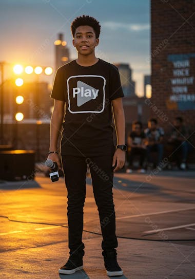 Image of a young Black man wearing a black t-shirt with the word Play, holding a microphone. Warm colors dominate the scene, with orange and yellow sunset hues. The atmosphere is professional yet casual. He's in an outdoor space.
