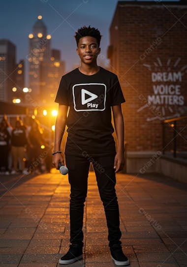 Image of a young Black man holding a microphone, wearing all black clothing, in an urban setting at dusk. Warm colors and shades of orange and yellow dominate the blurred background, creating a cozy and vibrant atmosphere.