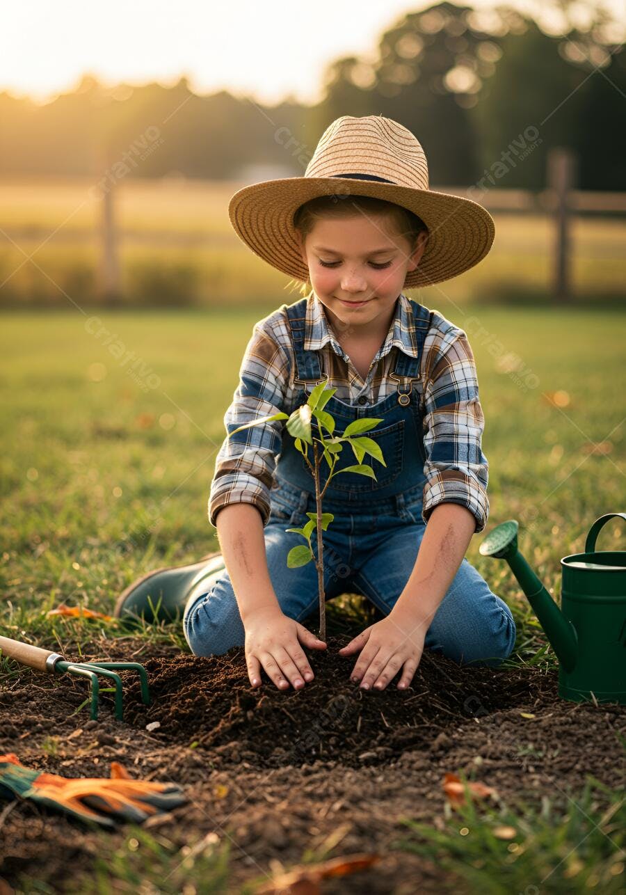 Menina plantando árvore no jardim ao entardecer