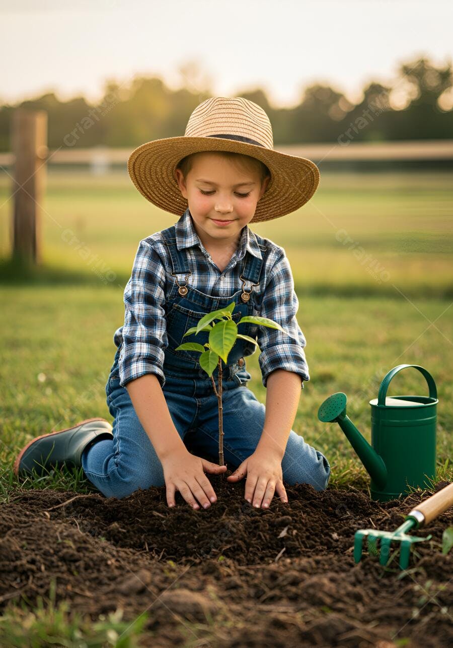 Criança plantando muda em jardim ensolarado