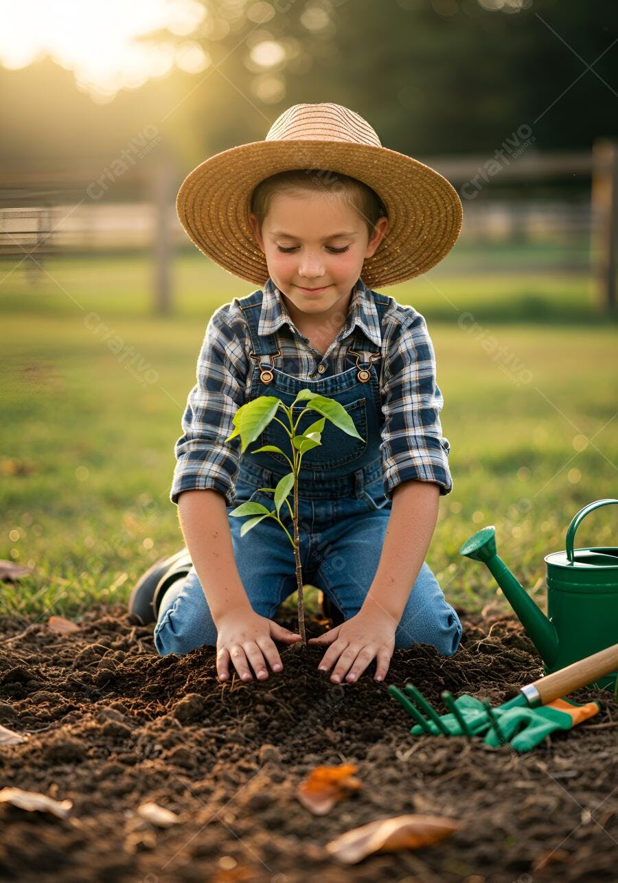 Criança plantando muda em jardim ao entardecer