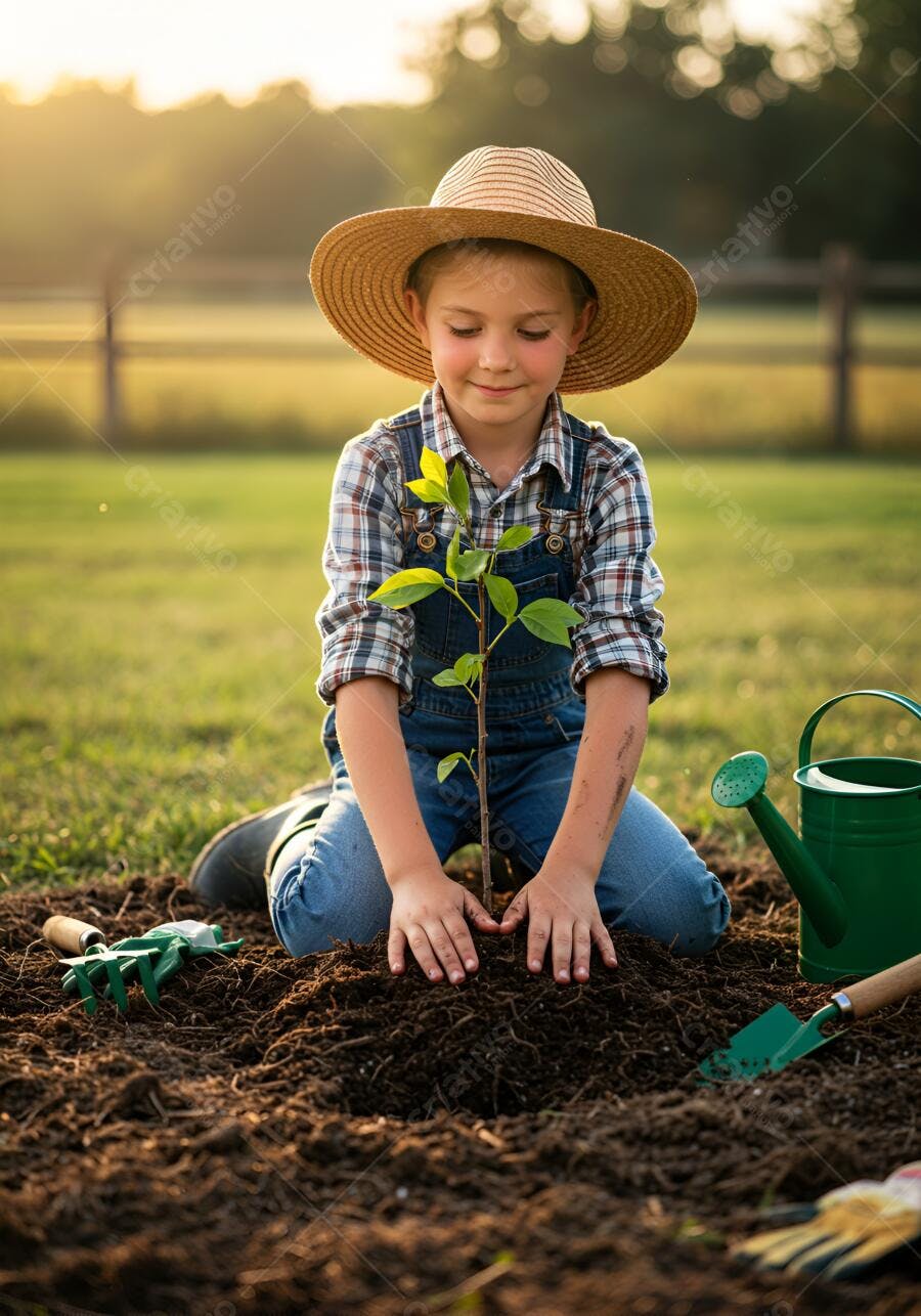 Criança plantando muda no jardim ao entardecer