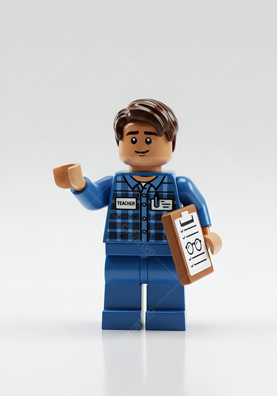 Professor Lego azul e marrom sorrindo