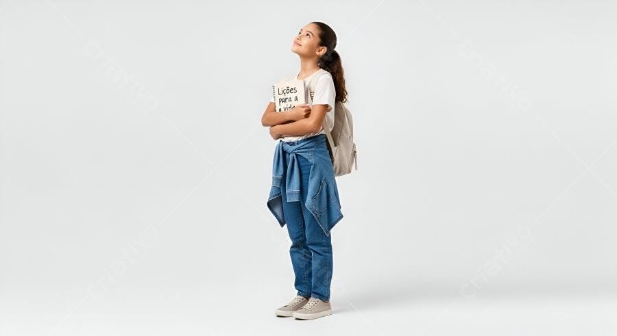 Menina sonhadora com mochila jeans e caderno