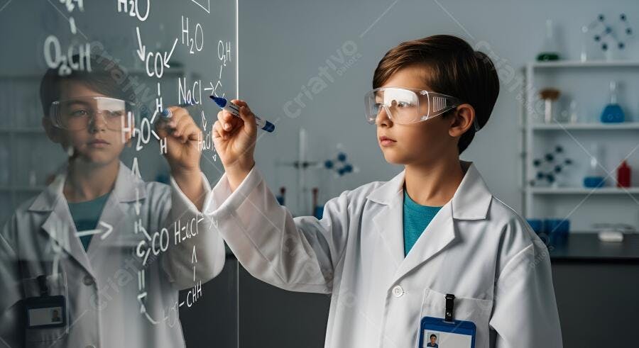 Menino cientista escrevendo fórmulas químicas