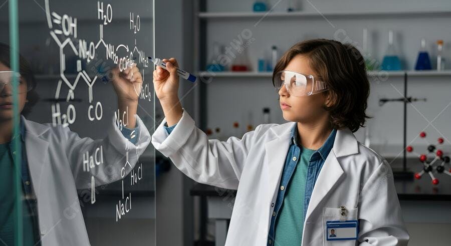 Criança escrevendo fórmula química em laboratório