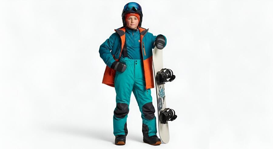 Menino com roupa de esqui e snowboard