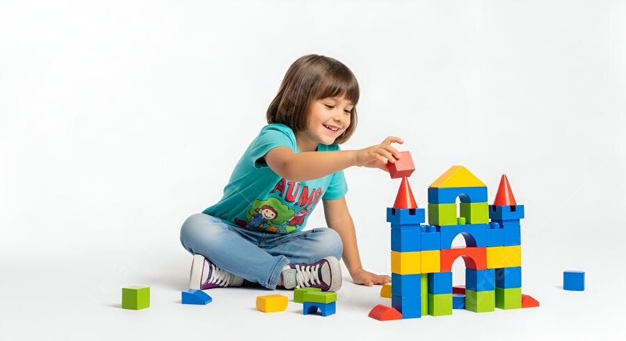 Menina alegre construindo castelo com blocos coloridos