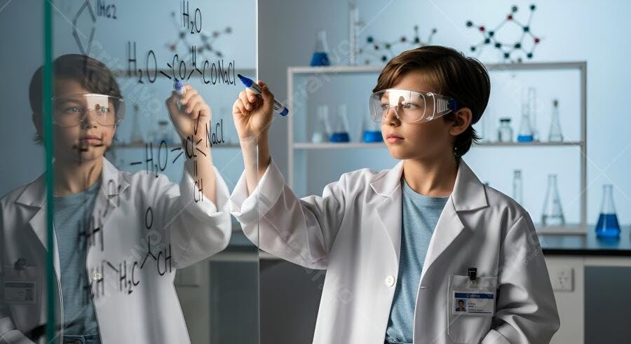 Menino escrevendo fórmulas químicas em laboratório