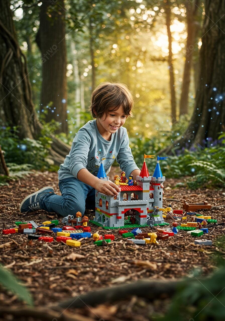 Menino montando castelo Lego em floresta