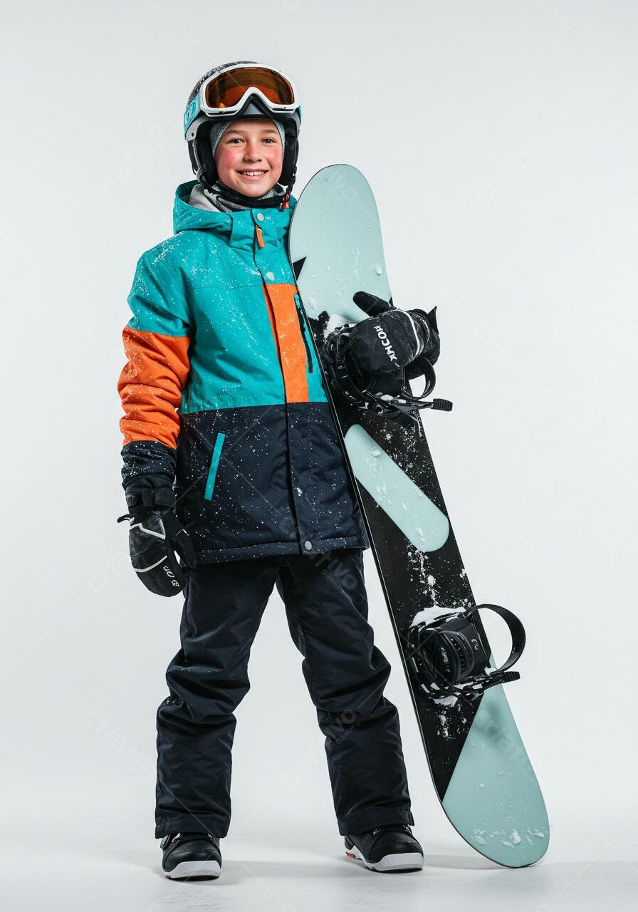 Menino com snowboard azul e verde