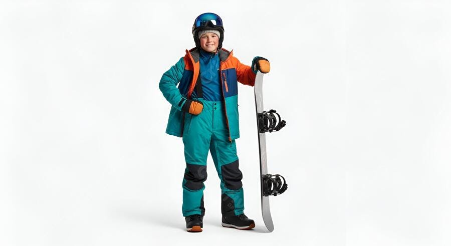 Menino com snowboard roupa laranja e azul