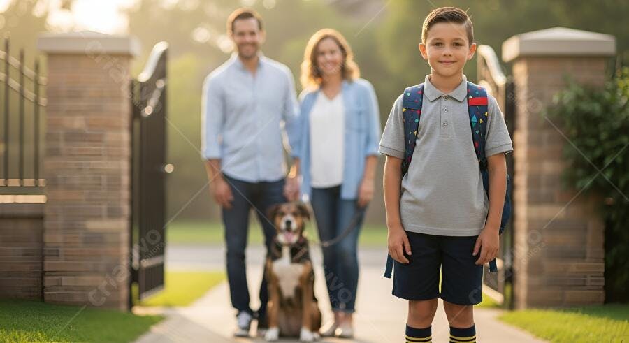 Menino com mochila indo para escola Família ao fundo