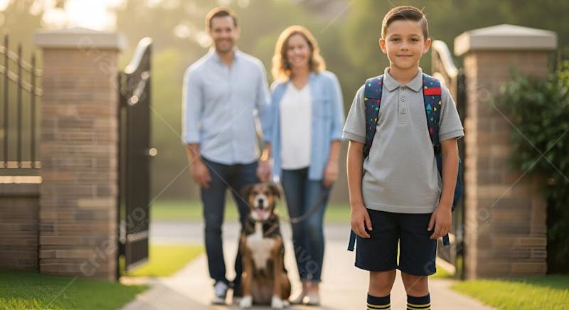 Smiling boy with colorful backpack in the foreground Blurred parents and dog in the background Warm colors and natural lighting. Family and cheerful atmosphere