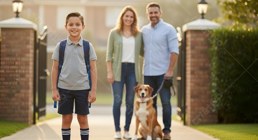 Criança com mochila família e cachorro